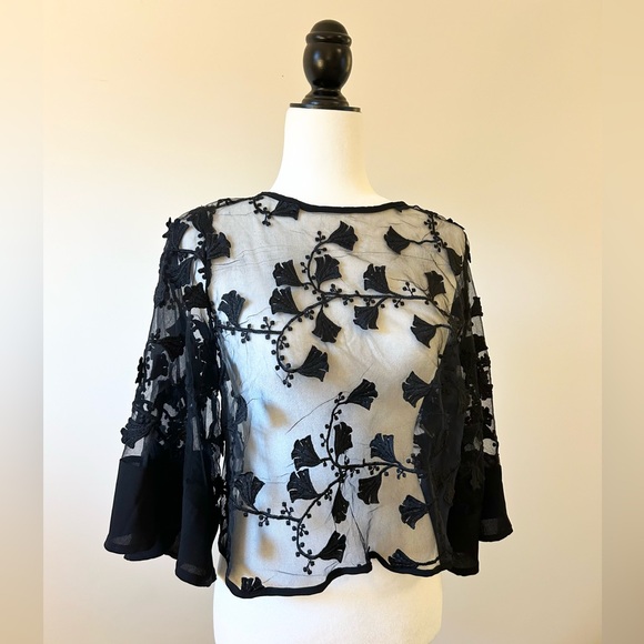 Black Elegant Sheer Organza Floral Embroidered Top, Evening - size Medium - Picture 2 of 5